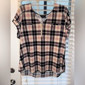 Flower & Feather Plaid Zippered Women's Top Size 2XL